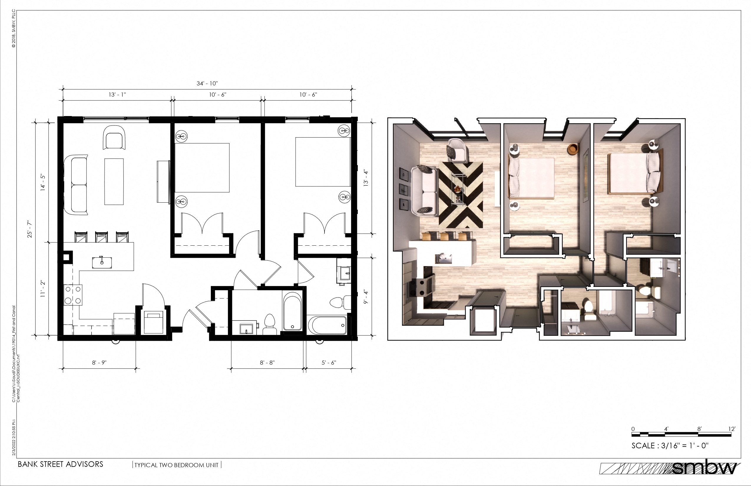 Floor plan for 2 beds, 2 baths, 948 sqft